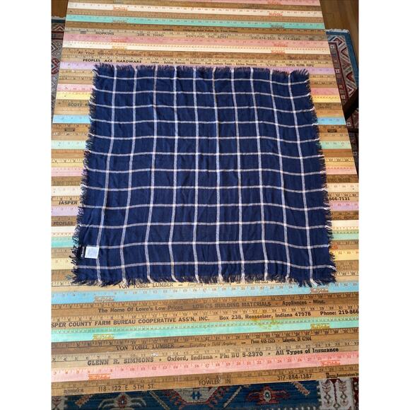 Madewell Taupe Navy Blue Plaid Cotton Modal Wool Blend Scarf Fringes Windowpane - Picture 1 of 10